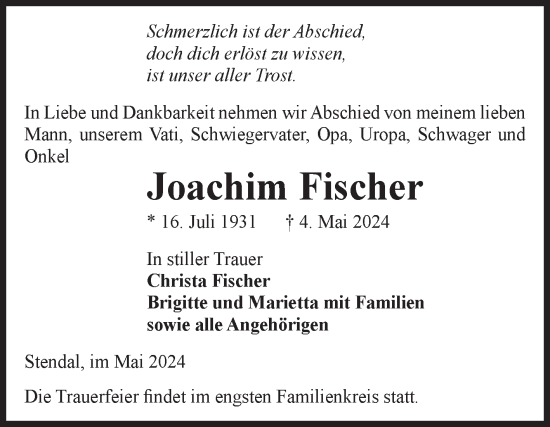 Traueranzeige von Joachim Fischer von Volksstimme Altmark Ost