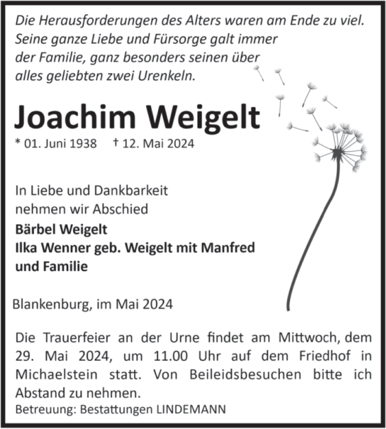 Traueranzeige von Joachim Weigelt von Volksstimme Wernigerode