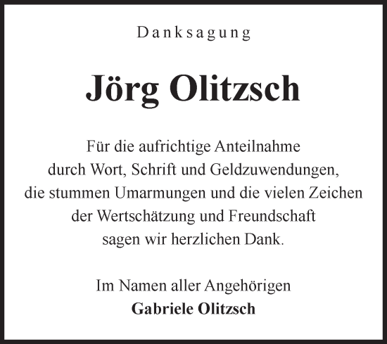 Traueranzeige von Jörg Olitzsch von Volksstimme Zerbst