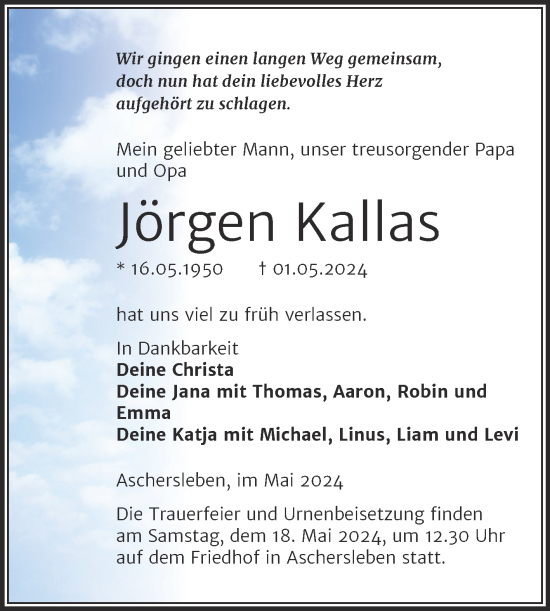 Traueranzeige von Jörgen Kallas von Trauerkombi Aschersleben