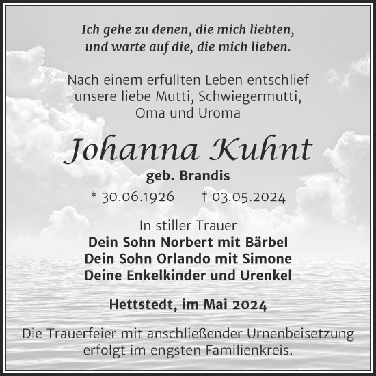 Traueranzeige von Johanna Kuhnt von Trauerkombi Mansfelder Land