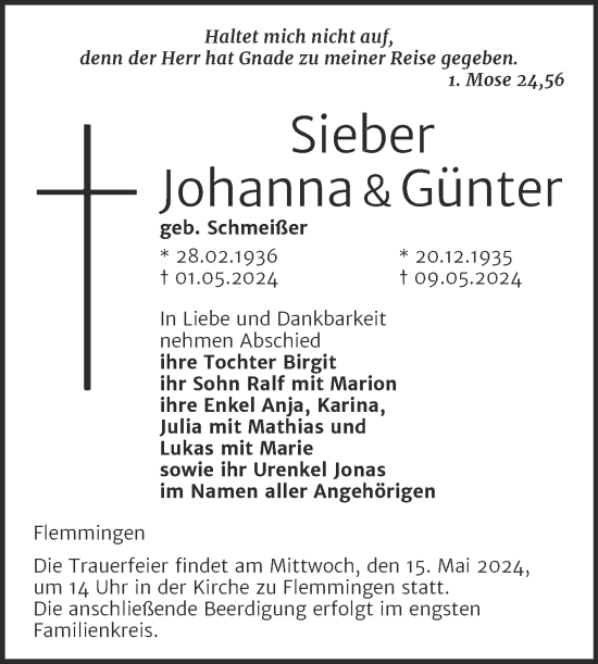 Traueranzeige von Johanna und Günter Sieber von Naumburger Tageblatt