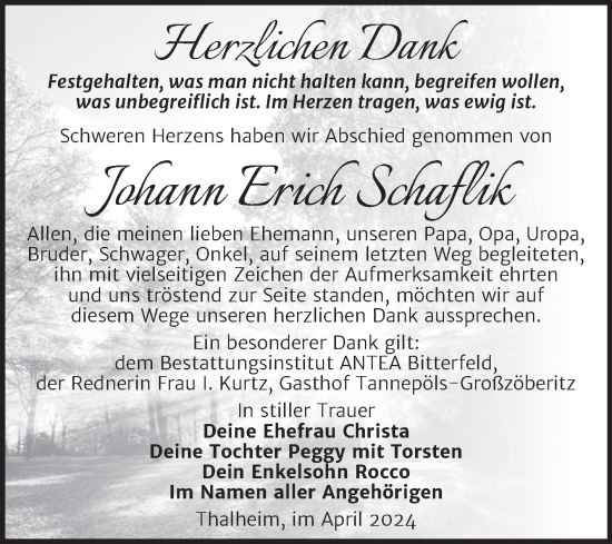 Traueranzeige von Johann Erich Schaflik von Trauerkombi Bitterfeld