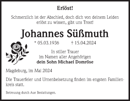 Traueranzeige von Johannes Süßmuth von Volksstimme Magdeburg