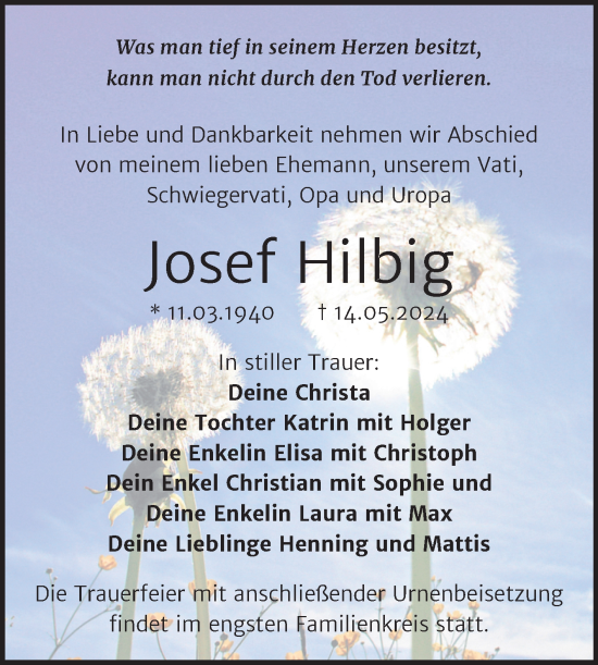 Traueranzeige von Josef Hilbig von Trauerkombi Wittenberg