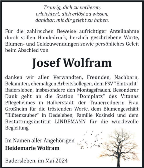 Traueranzeige von Josef Wolfram von Volksstimme Halberstadt