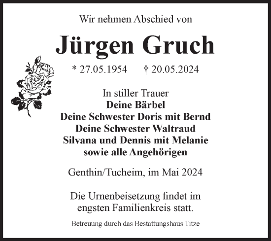 Traueranzeige von Jürgen Gruch von Volksstimme Burg/Genthin