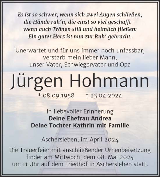 Traueranzeige von Jürgen Hohmann von Trauerkombi Mansfelder Land
