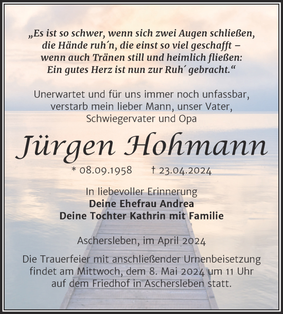 Traueranzeige von Jürgen Hohmann von Trauerkombi Aschersleben
