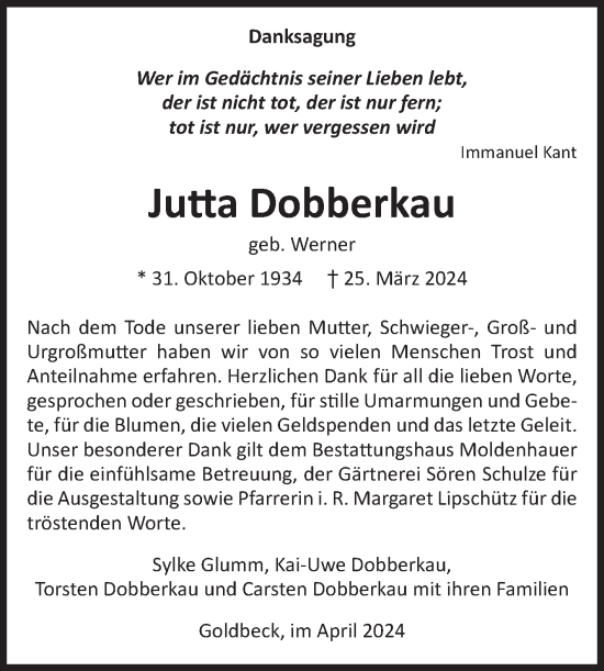 Traueranzeige von Jutta Dobberkau von Volksstimme Altmark Ost