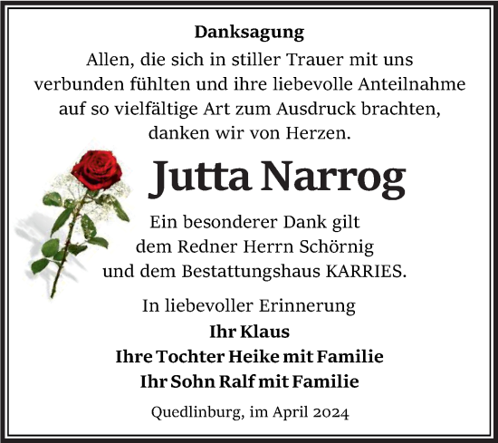 Traueranzeige von Jutta Narrog von Trauerkombi Quedlinburg