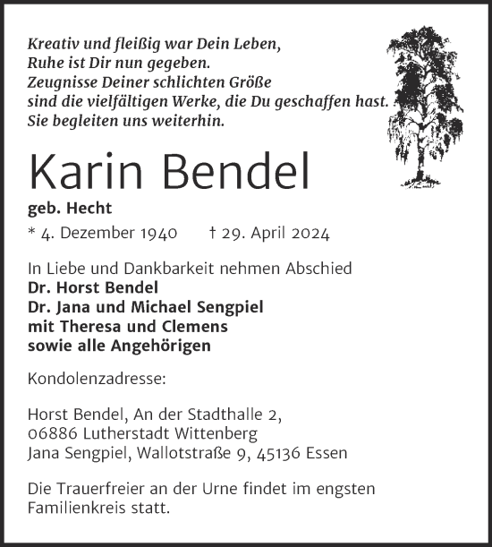Traueranzeige von Karin Bendel von Trauerkombi Wittenberg