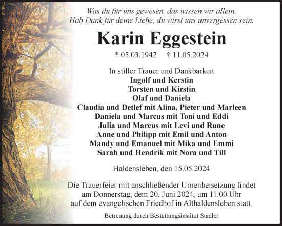 Traueranzeige von Karin Eggestein von Volksstimme Haldensleben/Wolmirstedt