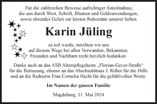 Traueranzeige von Karin Jüling von Volksstimme Magdeburg