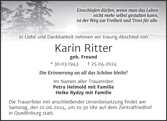Traueranzeige von Karin Ritter von Trauerkombi Quedlinburg