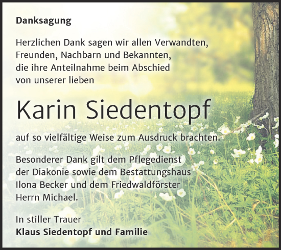 Traueranzeige von Karin Siedentopf von Trauerkombi Sangerhausen