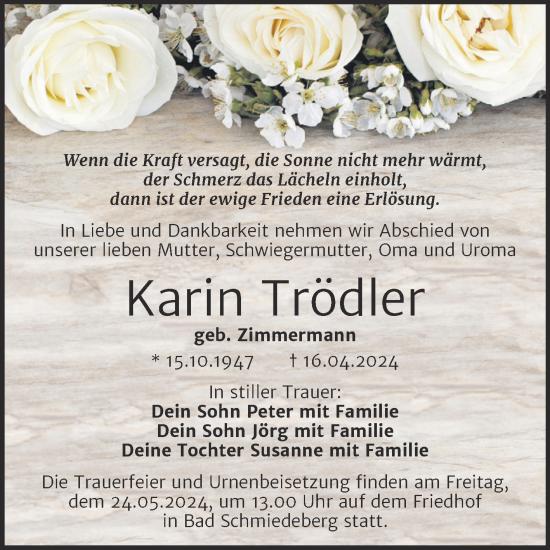 Traueranzeige von Karin Trödler von Trauerkombi Wittenberg
