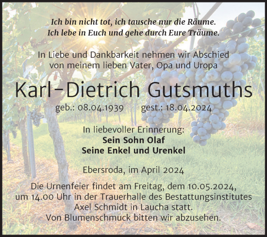 Traueranzeige von Karl-Dietrich Gutsmuths von Super Sonntag Naumburg/Nebra
