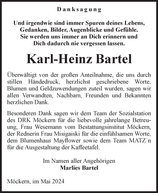 Traueranzeige von Karl-Heinz Bartel von Volksstimme Burg/Genthin