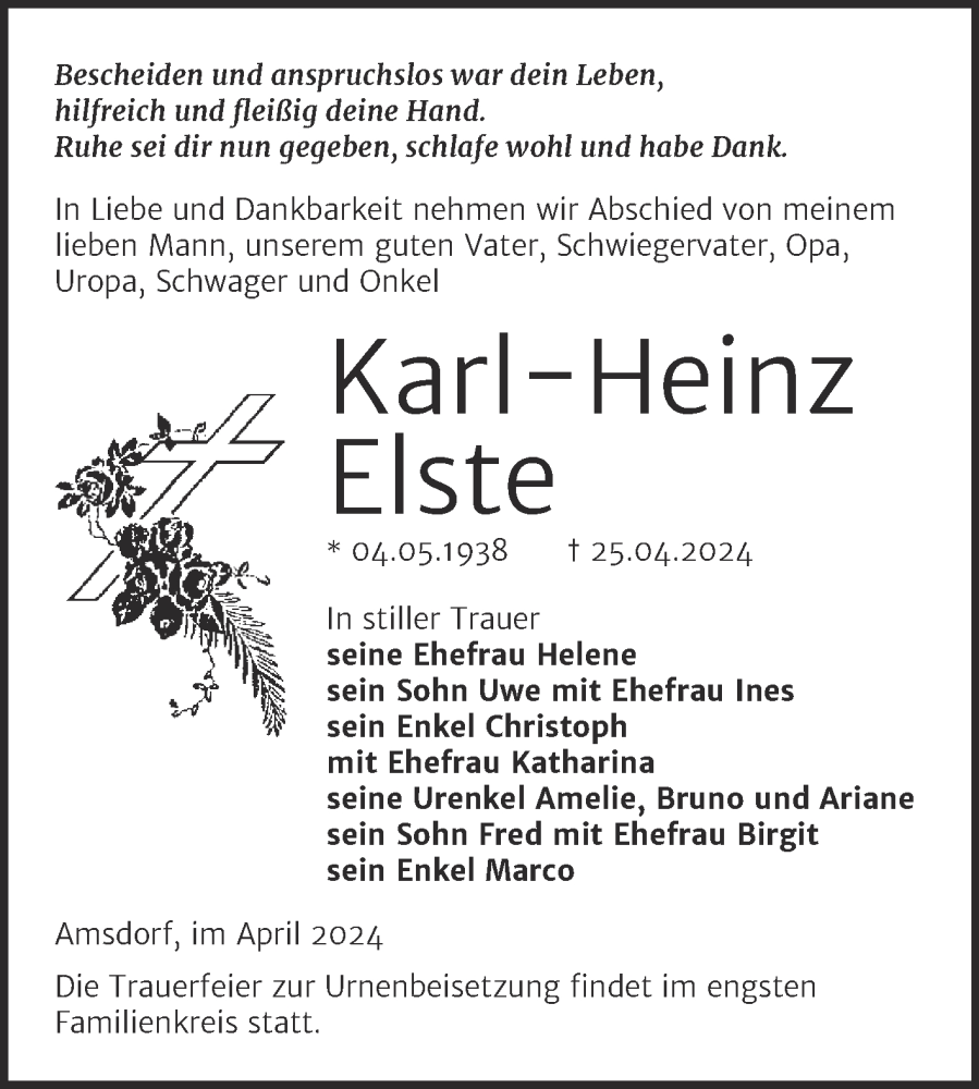  Traueranzeige für Karl-Heinz Elste vom 04.05.2024 aus Trauerkombi Mansfelder Land