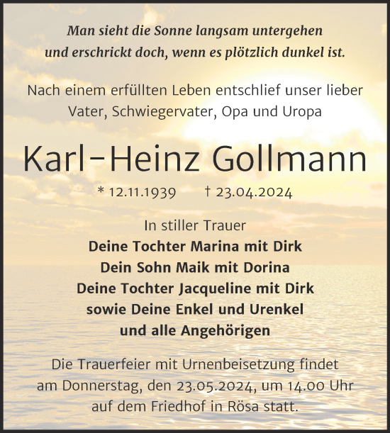 Traueranzeige von Karl-Heinz Gollmann von Trauerkombi Bitterfeld