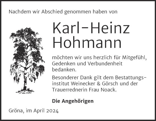 Traueranzeige von Karl-Heinz Hohmann von Trauerkombi Bernburg