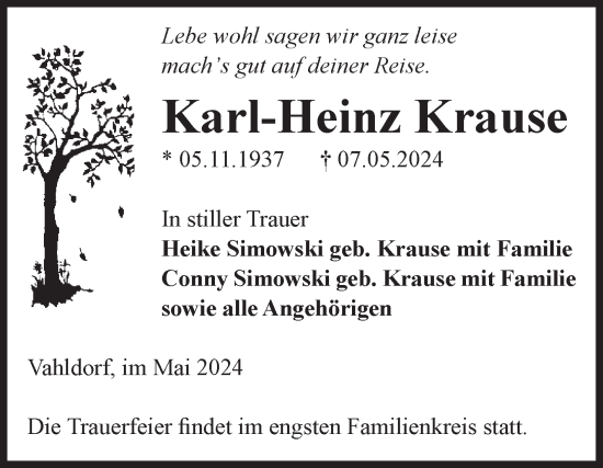 Traueranzeige von Karl-Heinz Krause von Volksstimme Haldensleben/Wolmirstedt