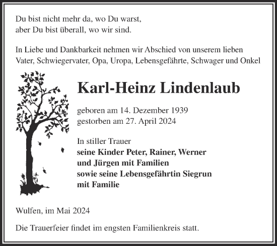 Traueranzeige von Karl-Heinz Lindenlaub von Mitteldeutsche Zeitung Bernburg