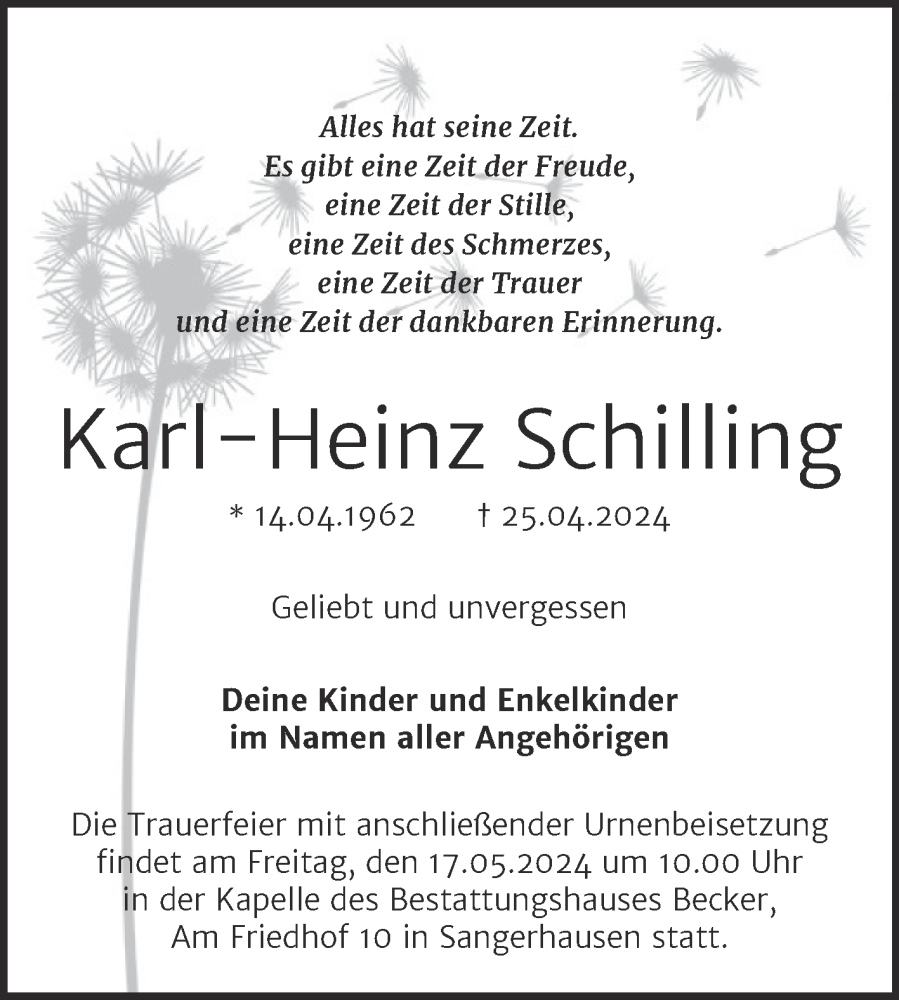  Traueranzeige für Karl-Heinz Schilling vom 06.05.2024 aus Trauerkombi Sangerhausen