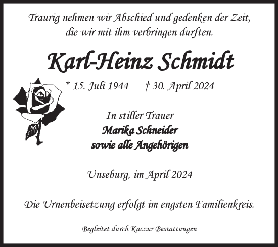 Traueranzeige von Karl-Heinz Schmidt von Volksstimme Staßfurt