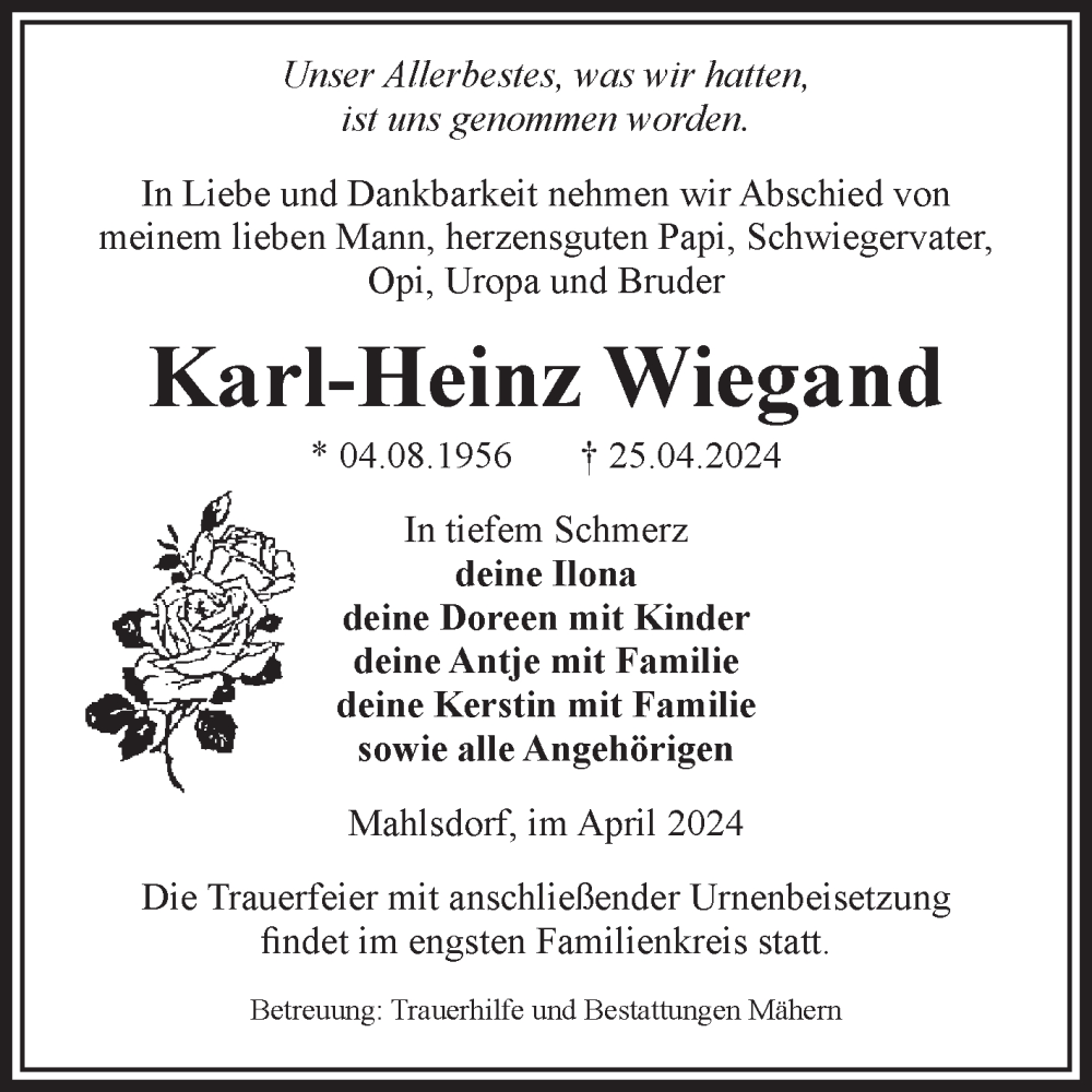  Traueranzeige für Karl-Heinz Wiegand vom 03.05.2024 aus Volksstimme Altmark West