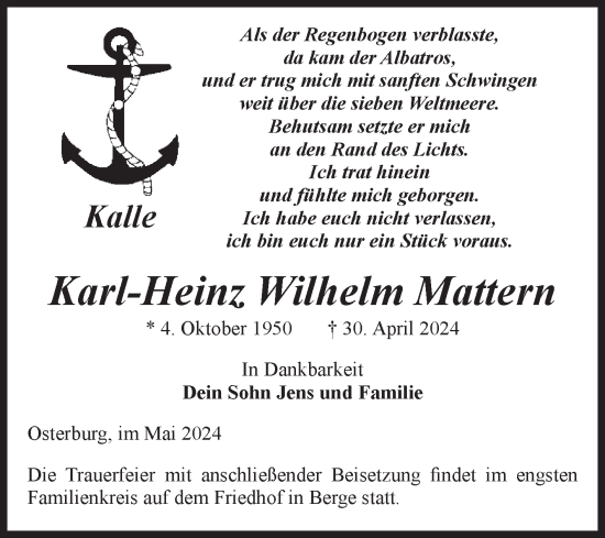 Traueranzeige von Karl-Heinz Wilhelm Mattern von Volksstimme Altmark Ost