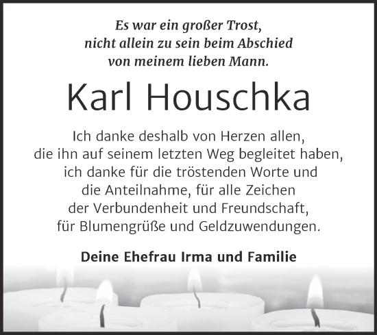 Traueranzeige von Karl Houschka von Trauerkombi Weißenfels