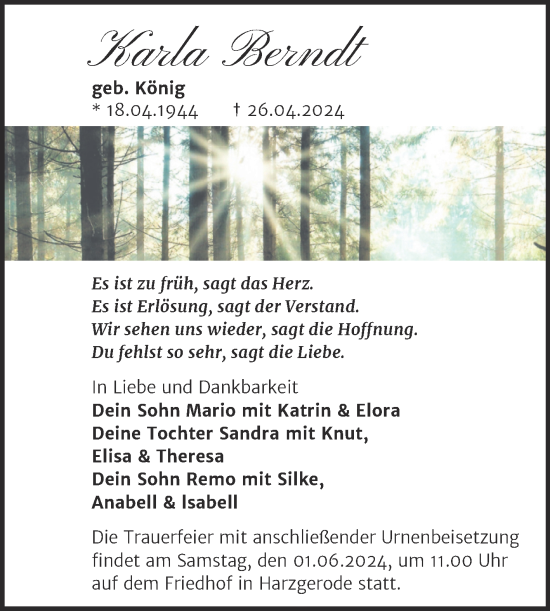 Traueranzeige von Karla Berndt von Trauerkombi Quedlinburg