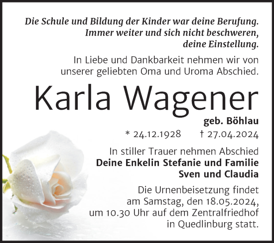 Traueranzeige von Karla Wagener von Trauerkombi Quedlinburg