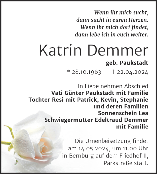 Traueranzeige von Katrin Demmer von Trauerkombi Bernburg