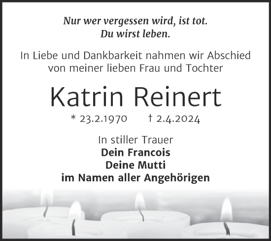 Traueranzeige von Katrin Reinert von Mitteldeutsche Zeitung Weißenfels