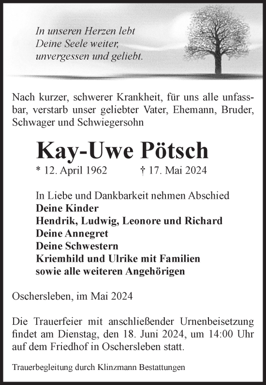 Traueranzeige von Kay-Uwe Pötsch von Volksstimme Oschersleben/Wanzleben