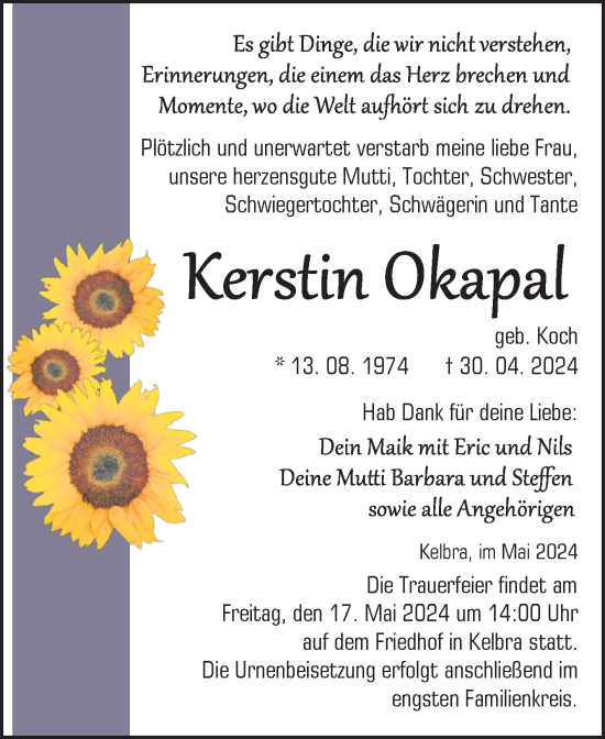 Traueranzeige von Kerstin Okapal von Trauerkombi Sangerhausen