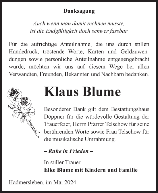 Traueranzeige von Klaus Blume von Volksstimme Oschersleben/Wanzleben