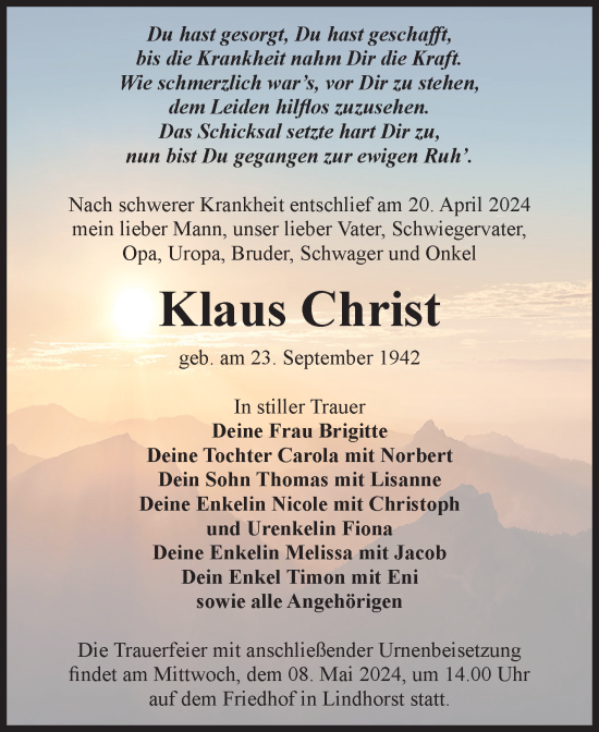 Traueranzeige von Klaus Christ von Volksstimme Haldensleben/Wolmirstedt