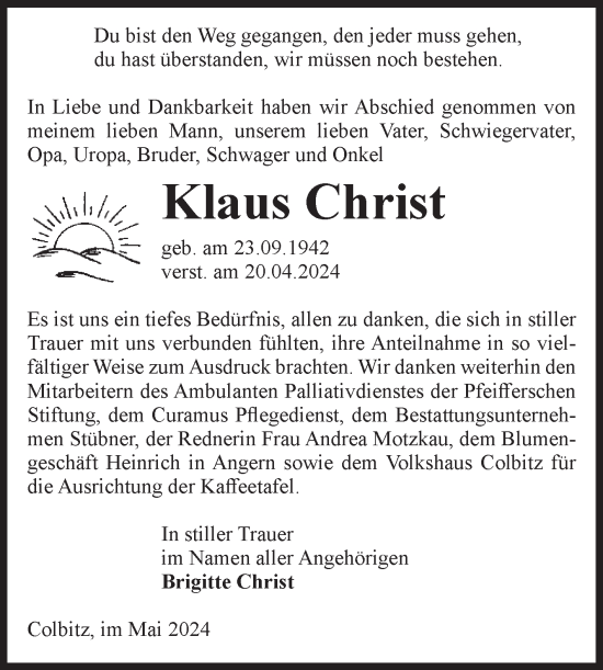 Traueranzeige von Klaus Christ von Volksstimme Haldensleben/Wolmirstedt
