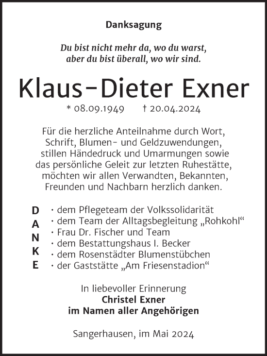 Traueranzeige von Klaus-Dieter Exner von Trauerkombi Sangerhausen
