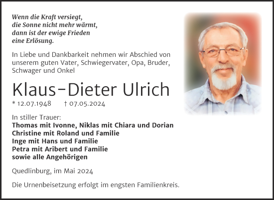 Traueranzeige von Klaus-Dieter Ulrich von Trauerkombi Quedlinburg