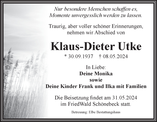 Traueranzeige von Klaus-Dieter Utke von Volksstimme Magdeburg