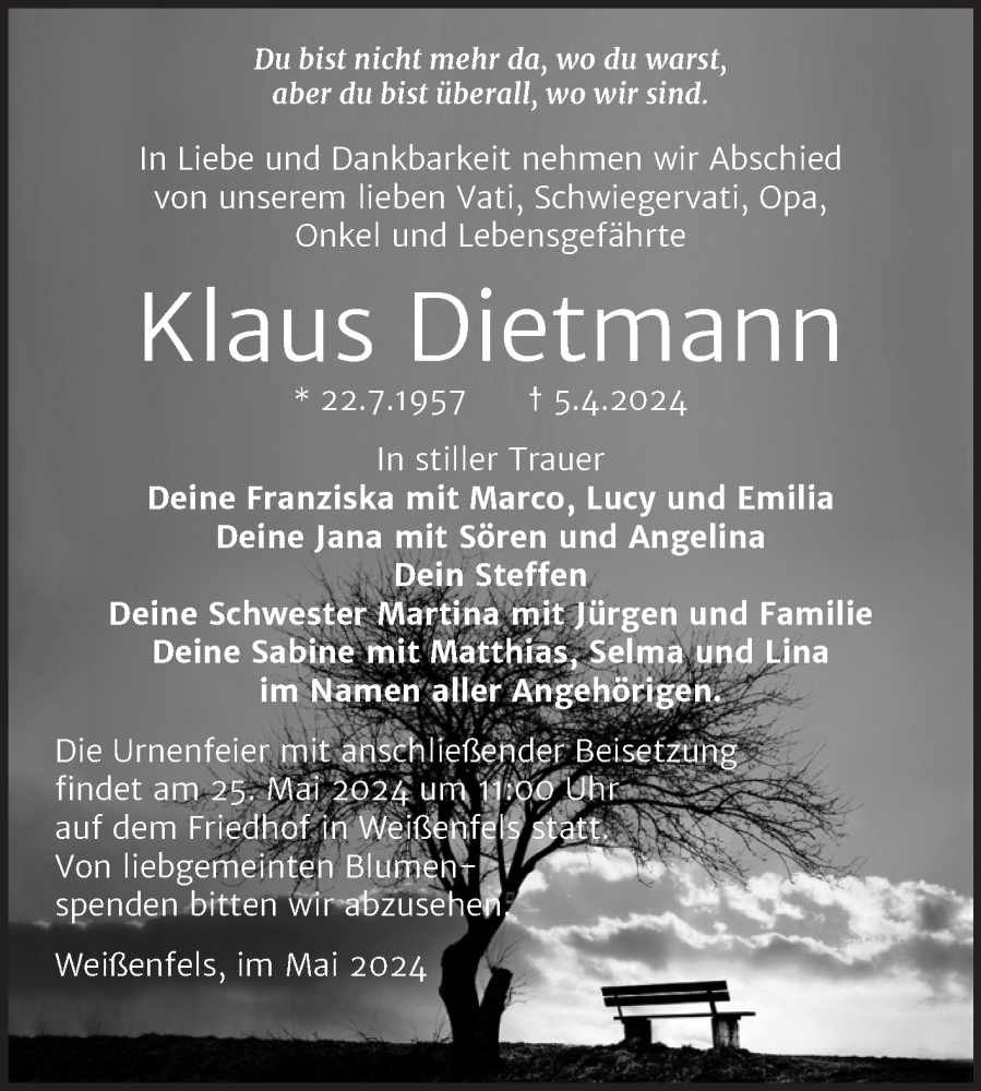  Traueranzeige für Klaus Dietmann vom 08.05.2024 aus Trauerkombi Weißenfels