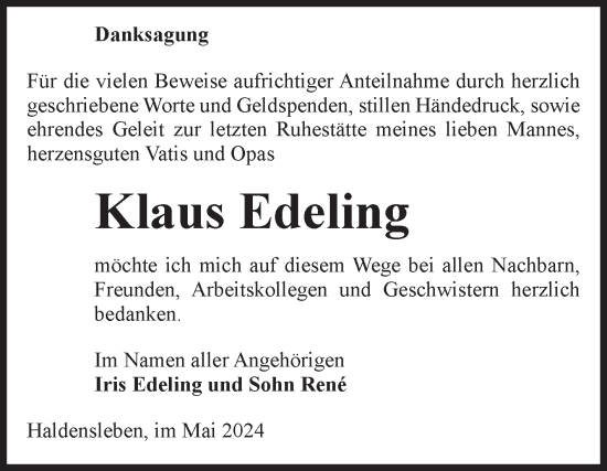 Traueranzeige von Klaus Edeling von Volksstimme Haldensleben/Wolmirstedt