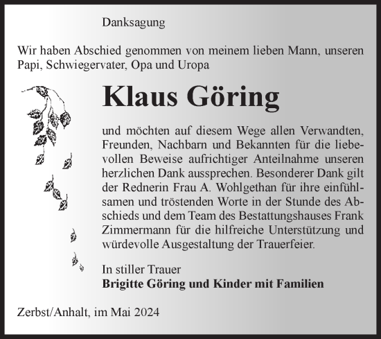 Traueranzeige von Klaus Göring von Volksstimme Zerbst