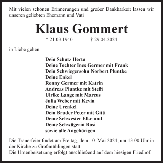 Traueranzeige von Klaus Gommert von Volksstimme Schönebeck