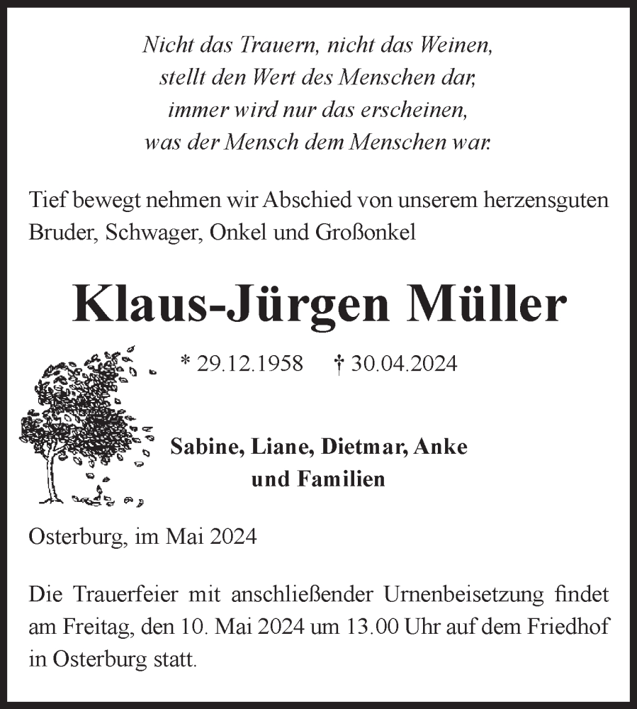  Traueranzeige für Klaus-Jürgen Müller vom 04.05.2024 aus Volksstimme Altmark Ost